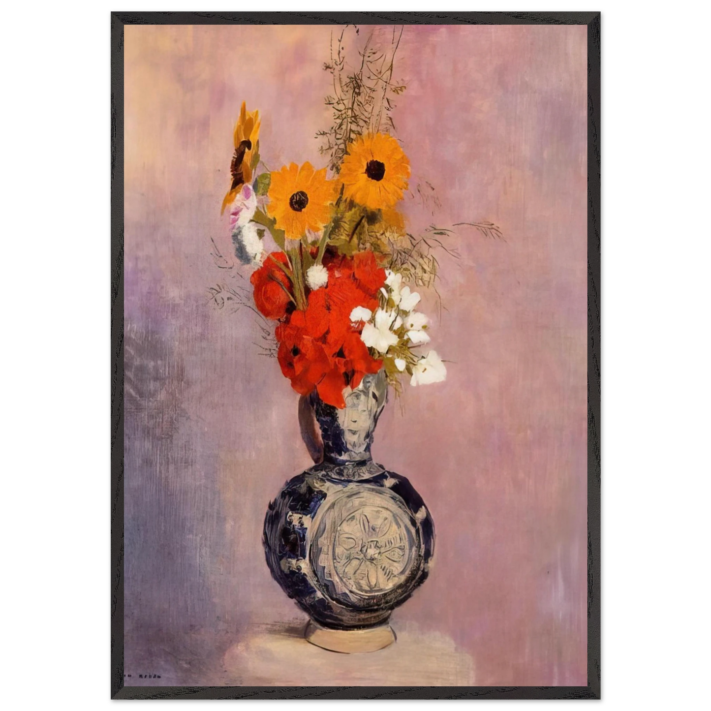 BOUQUET OF FLOWERS IN A BLUE VASE 2 - Odilon Redon 70x100 cm / 28x40 inches Framed Art Print – Black Wooden Frame
