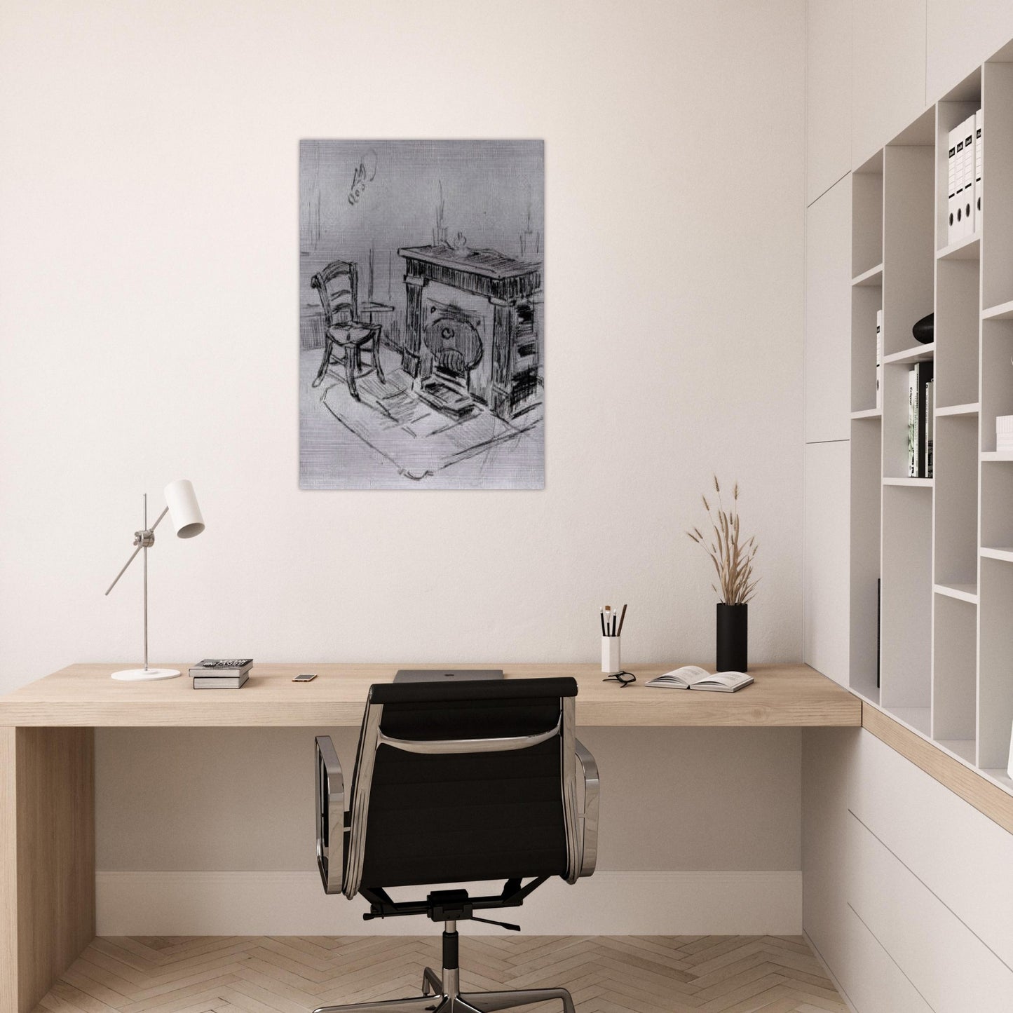 Mantelpiece with Chair - Vincent van Gogh Brushed Aluminum Print - 70x100 cm / 28x40 inches | Vincent van Gogh Aluminum Print | Vincent van Gogh Prints