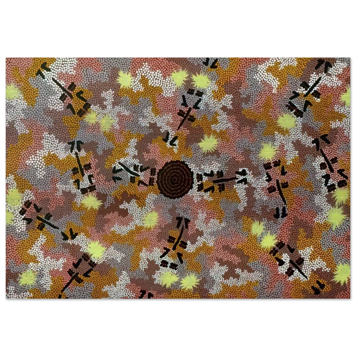Kangaroo Dreaming, Mt. Dennison - 1989 - Clifford Possum Tjapaltjarri Brushed Aluminum Print - 70x100 cm / 28x40 inches | Clifford Possum Tjapaltjarri Aluminum Print | Clifford Possum Tjapaltjarri Prints
