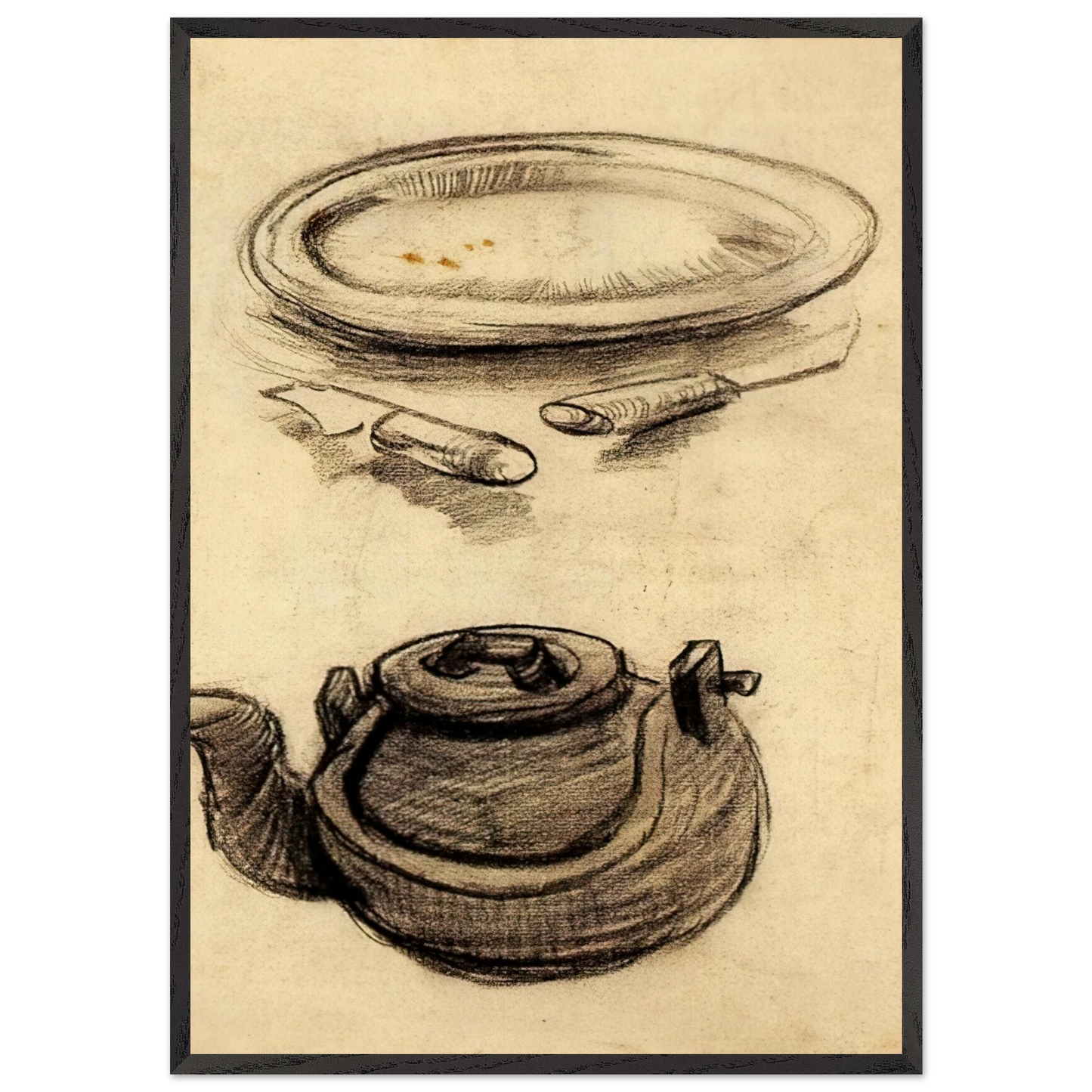 Plate with Cutlery and a Kettle - Vincent van Gogh 70x100 cm / 28x40 inches Framed Art Print – Black Wooden Frame