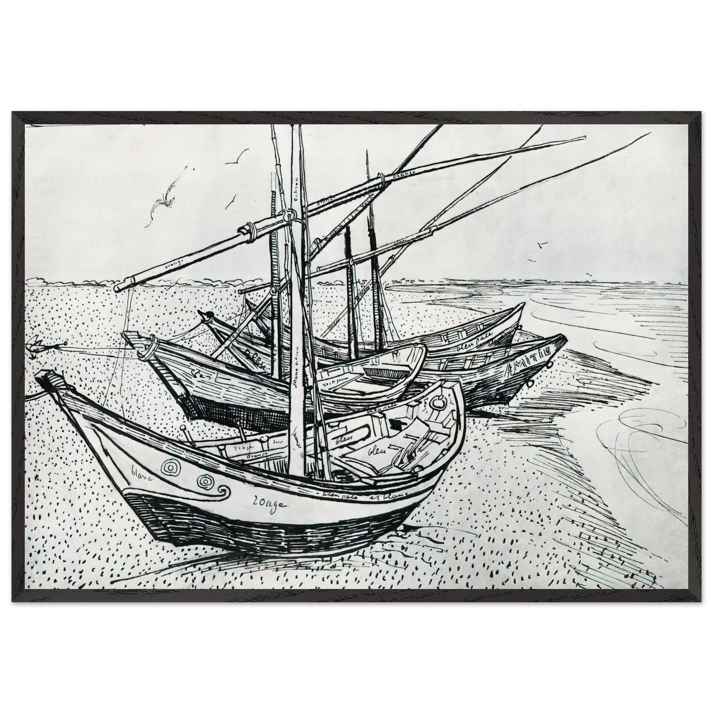 Fishing boats on the Beach at Les Saintes-Maries-de-la-Mer - Vincent van Gogh 70x100 cm / 28x40 inches Framed Art Print – Black Wooden Frame