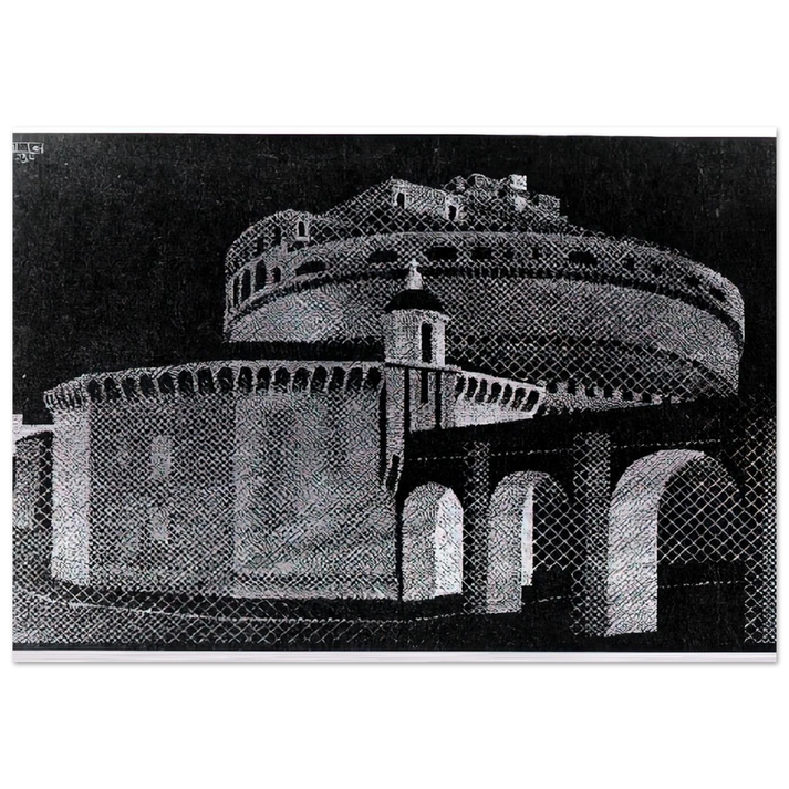NOCTURNAL ROME CASTEL SANT ANGELO - MC Escher Brushed Aluminum Print - 70x100 cm / 28x40 inches | MC Escher Aluminum Print | MC Escher Prints | Maurits Cornelis Escher Prints