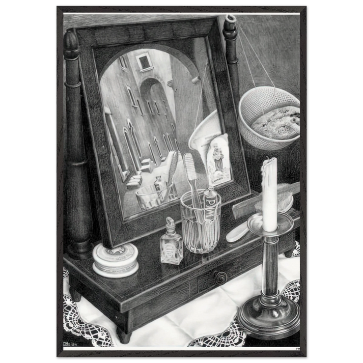 CANDLE MIRROR - MC Escher 70x100 cm / 28x40 inches Framed Art Print – Black Wooden Frame | Maurits Cornelis Escher Prints