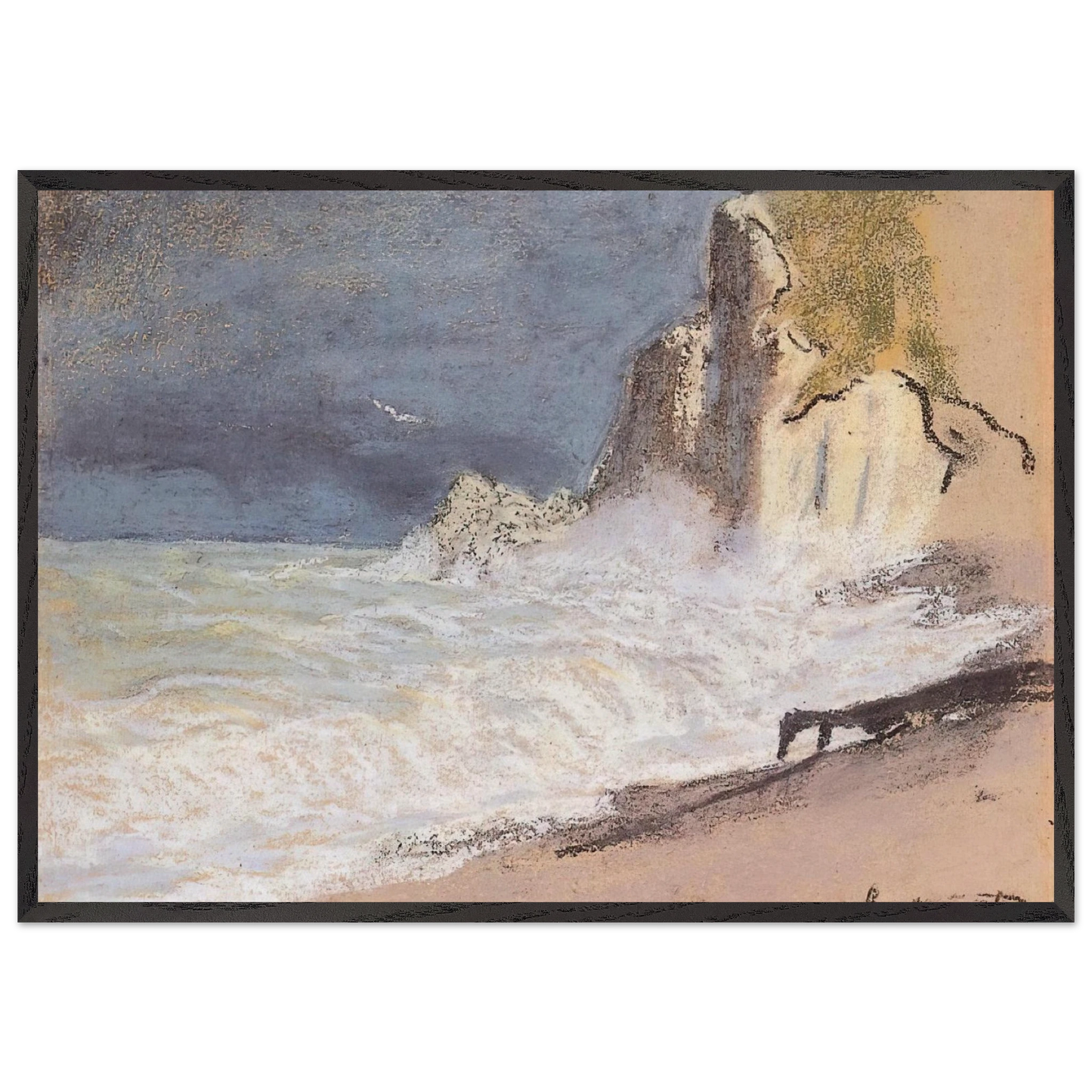 The Manneport Etretat - Amont Cliff Rough Weather - claude monet 70x100 cm / 28x40 inches Framed Art Print – Black Wooden Frame