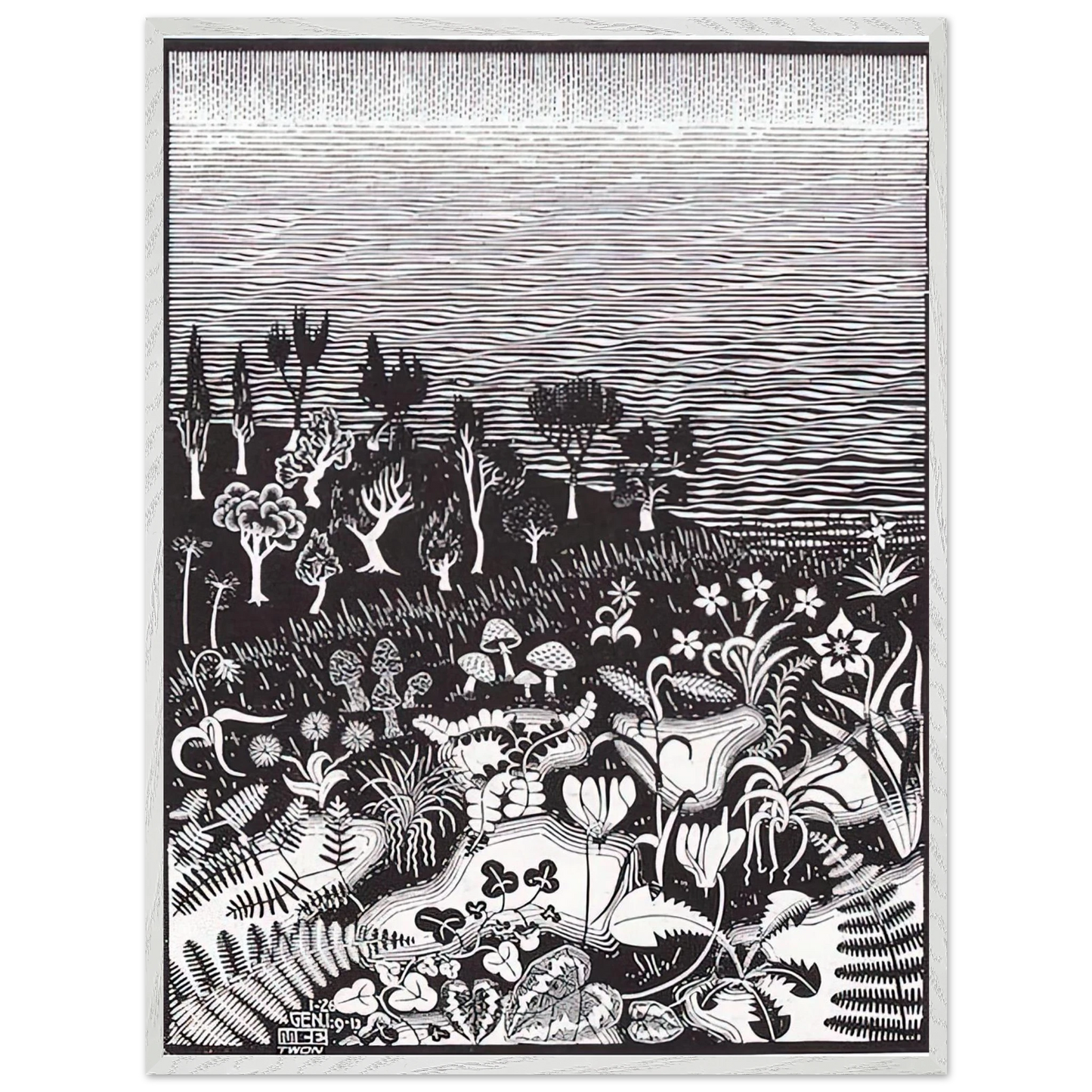 MC Escher - THE 3RD DAY OF THE CREATION Wall Art - 60x80 cm / 24x32 inches - Premium Wooden Framed Poster With Fine Art Paper-canvas - Wood frame