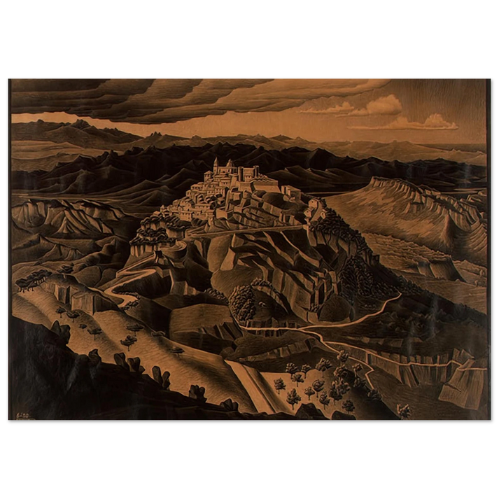 MC Escher - ITALIAN TOWN Wall Art - 21x29.7 cm / 8x12" - Premium Wooden Framed Poster With Fine Art Paper-canvas - White frame
