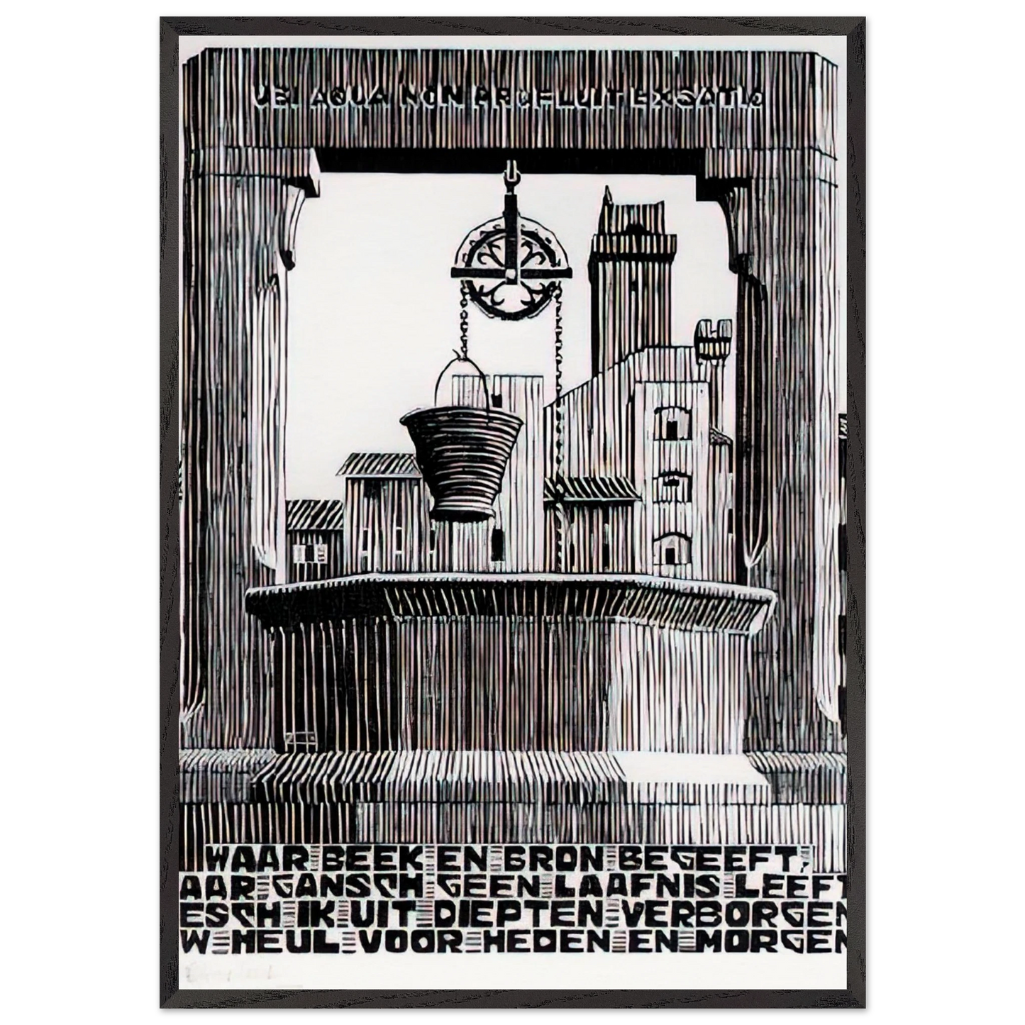 EMBLEMATA WELL - MC Escher 70x100 cm / 28x40 inches Framed Art Print – Black Wooden Frame | Maurits Cornelis Escher Prints
