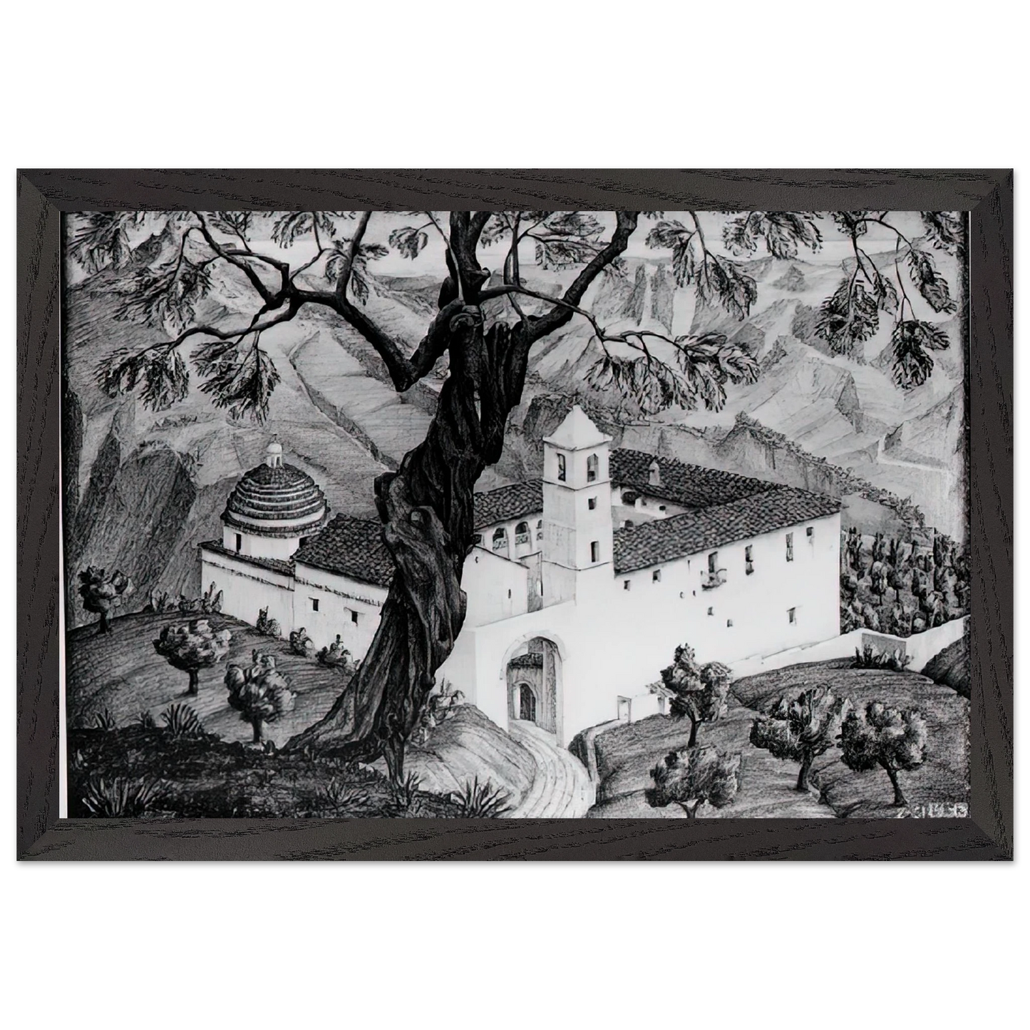 MC Escher - CLOISTER NEAR ROCCA IMPERIALE CALABRIA Wall Art - 60x80 cm / 24x32 inches - Premium Wooden Framed Poster With Fine Art Paper-canvas - Wood frame