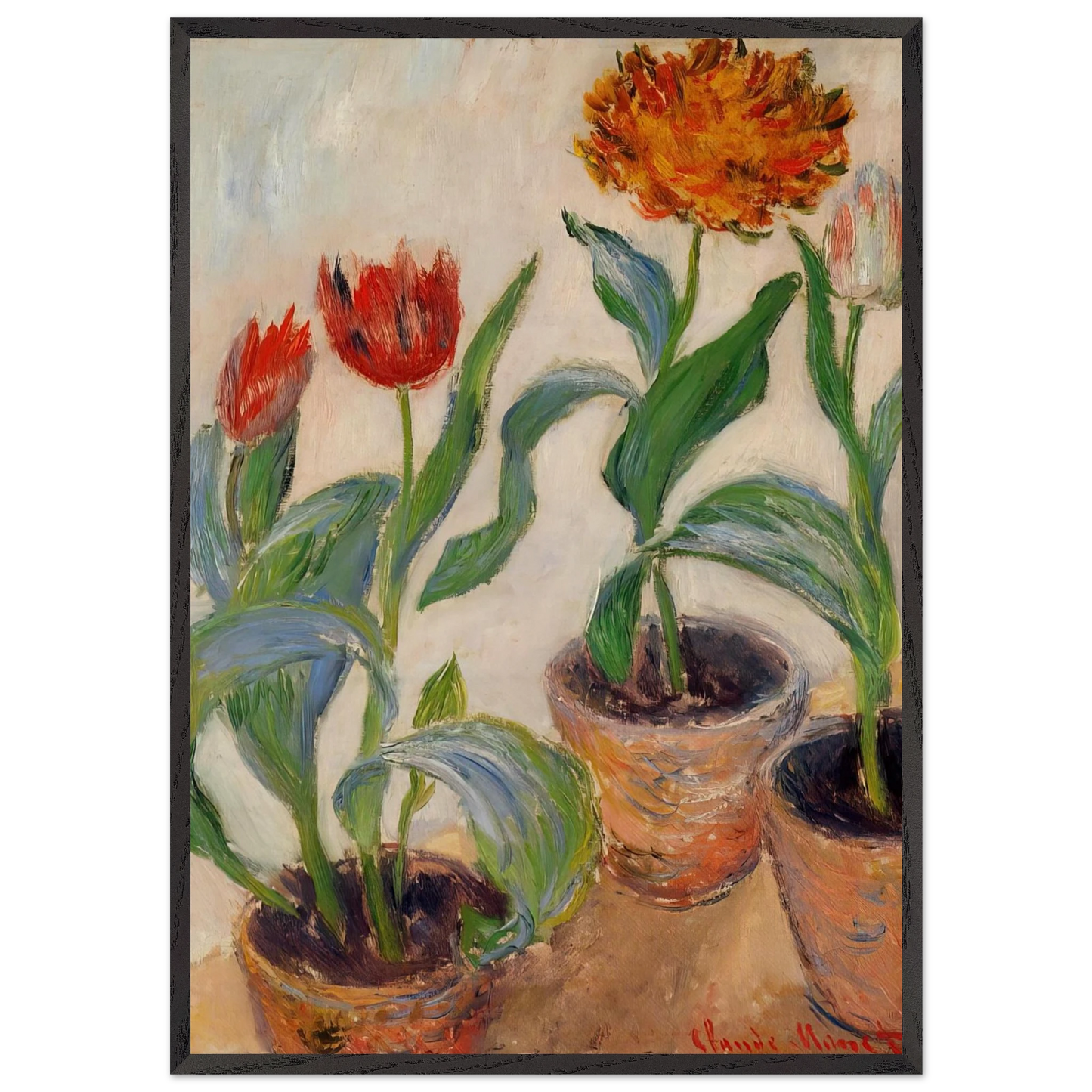 Three Pots of Tulips - claude monet 70x100 cm / 28x40 inches Framed Art Print – Black Wooden Frame