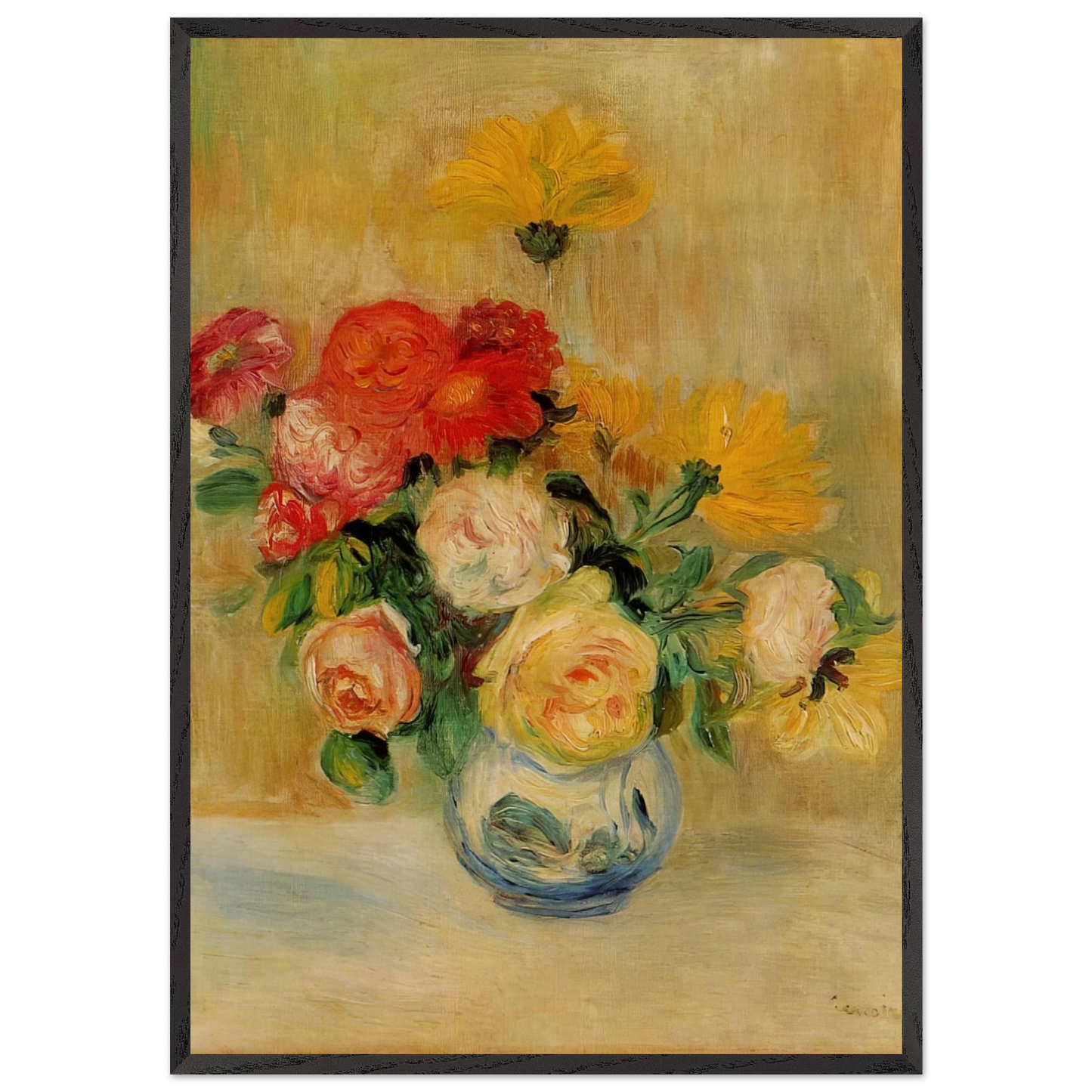 Vase of Roses and Dahlias - Pierre-Auguste Renoir 70x100 cm / 28x40 inches Framed Art Print – Black Wooden Frame