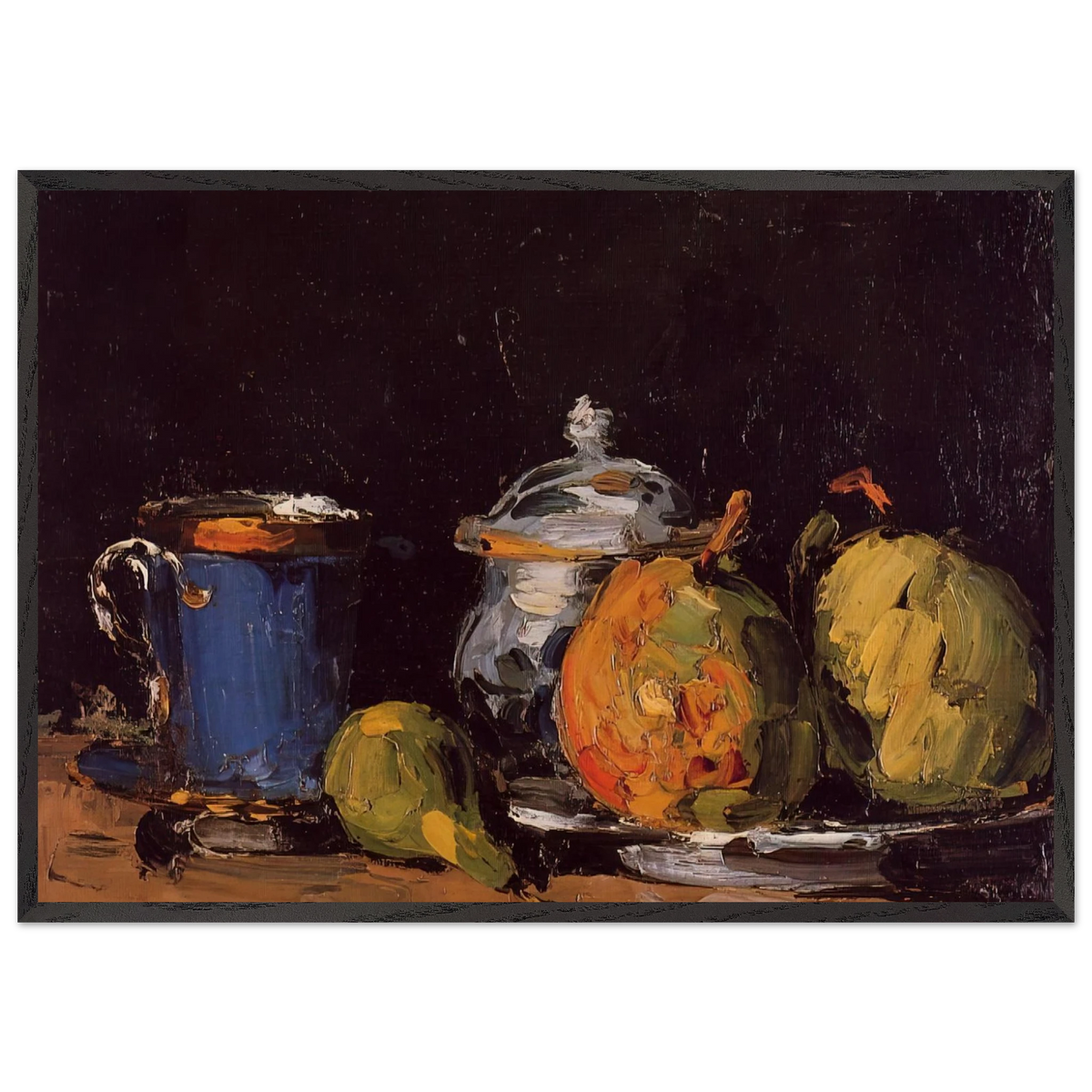 Sugar Bowl Pears and Blue Cup - Paul Cezanne 70x100 cm / 28x40 inches Framed Art Print – Black Wooden Frame