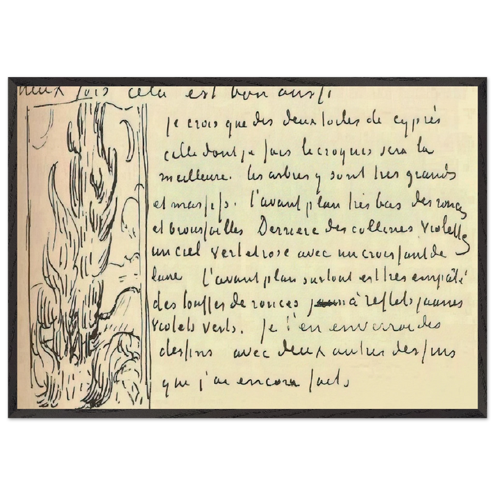 Cypresses Sketch on a Letter to Theo Van Gogh - Vincent van Gogh 70x100 cm / 28x40 inches Framed Art Print – Black Wooden Frame