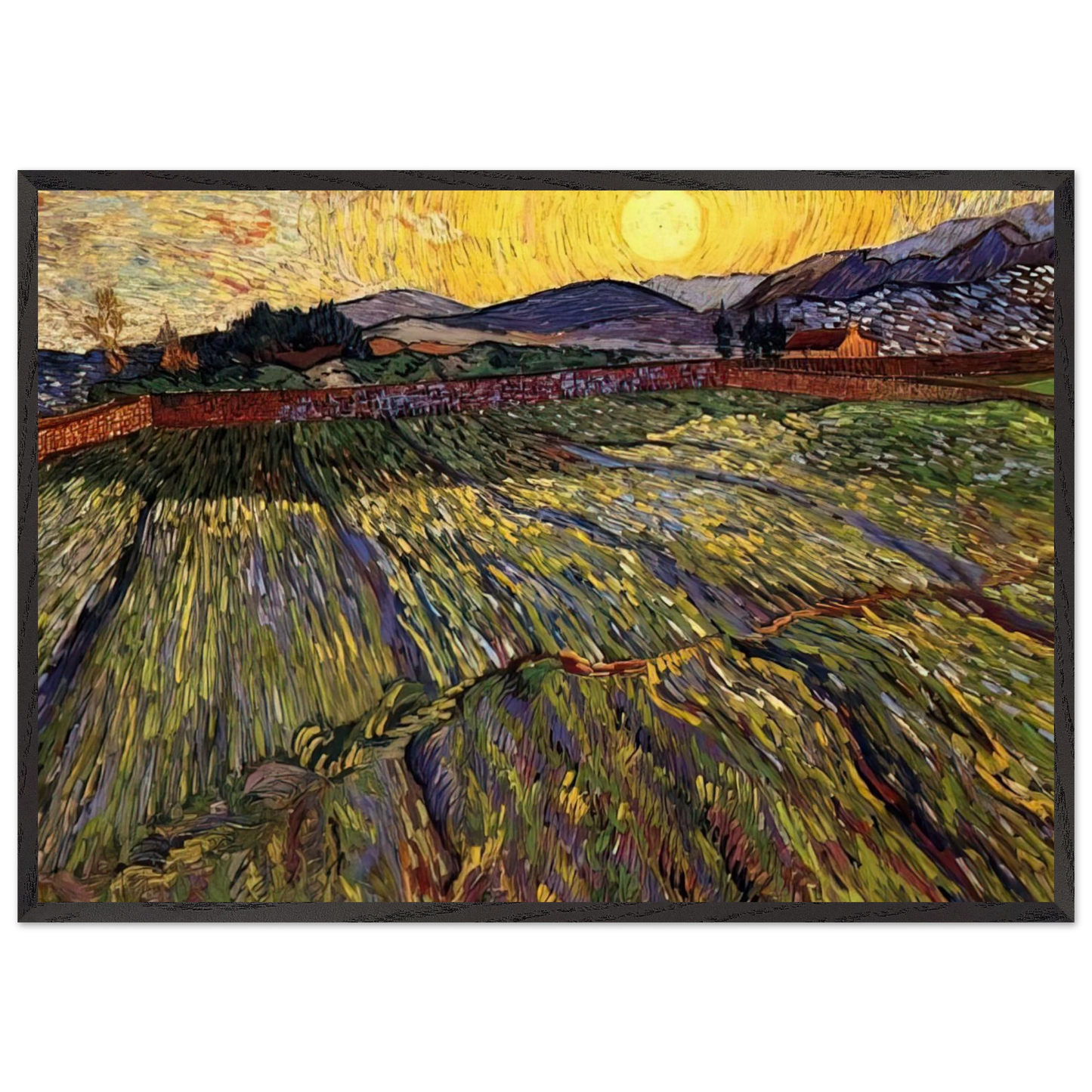 Wheat Field with Rising Sun - Vincent van Gogh 70x100 cm / 28x40 inches Framed Art Print – Black Wooden Frame