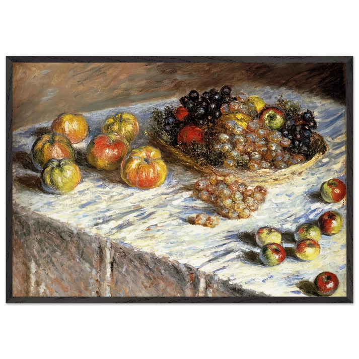 Still Life with Apples And Grapes - claude monet 70x100 cm / 28x40 inches Framed Art Print – Black Wooden Frame