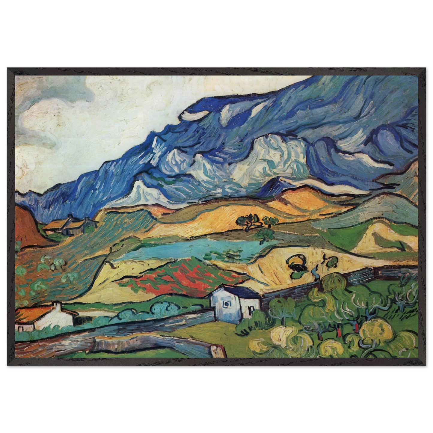 Les Alpilles Mountain Landscape near South-Reme - Vincent van Gogh 70x100 cm / 28x40 inches Framed Art Print – Black Wooden Frame