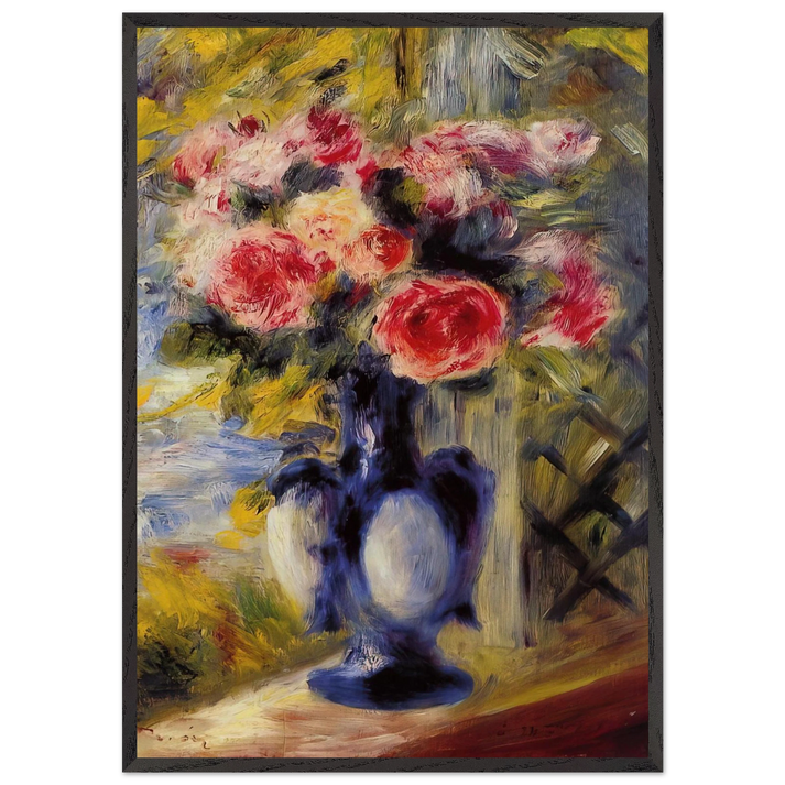 Bouquet of Roses in a Blue Vase - Pierre-Auguste Renoir 70x100 cm / 28x40 inches Framed Art Print – Black Wooden Frame
