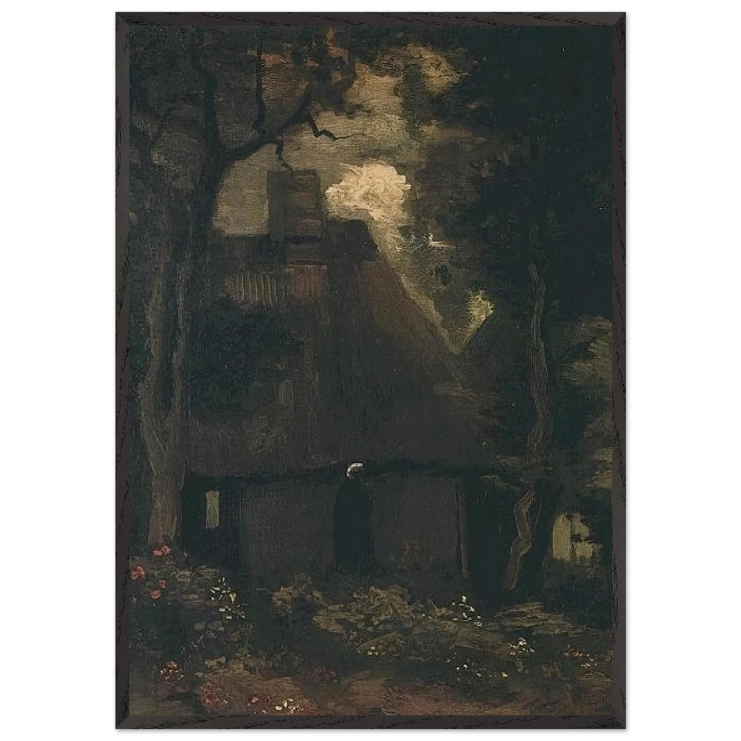 Cottage with Trees and Peasant Woman - Vincent van Gogh 70x100 cm / 28x40 inches Framed Art Print – Black Wooden Frame