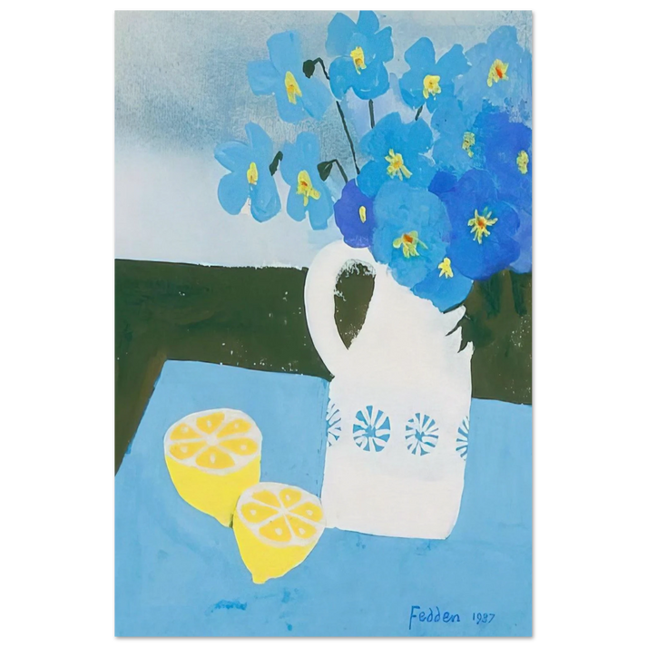Flowers in a vase with lemon - 1987 - Mary Fedden Art Prints - 100x150 cm / 40x60″ inches | Mary Fedden Poster | Mary Fedden Prints