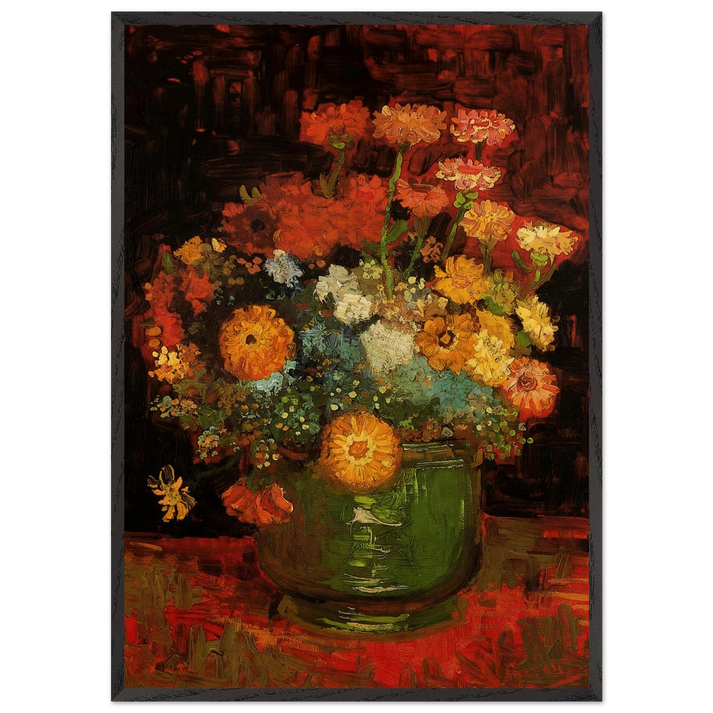 Vase with Zinnias - Vincent van Gogh 70x100 cm / 28x40 inches Framed Art Print – Black Wooden Frame