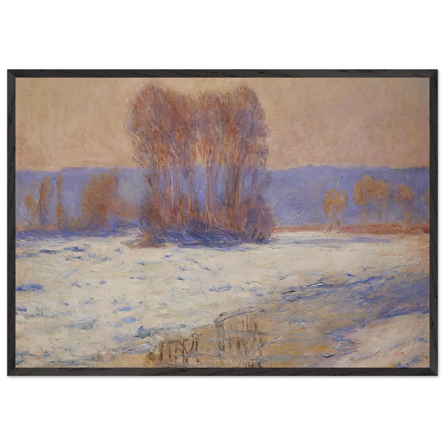 The Seine at Bennecourt Winter - claude monet 70x100 cm / 28x40 inches Framed Art Print – Black Wooden Frame