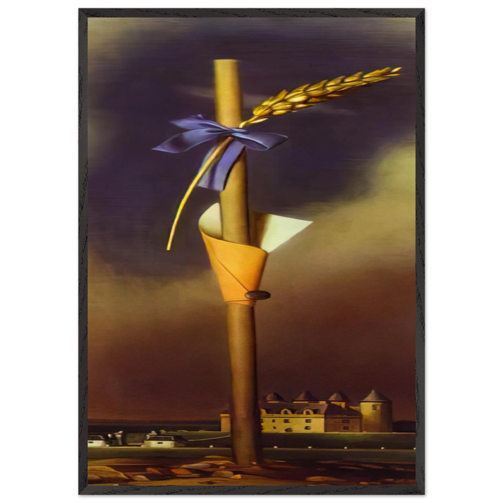 BLUE KNOT AND EAR OF WHEAT NEXT TO THE CASTLE - Salvador Dali 70x100 cm / 28x40 inches Framed Art Print – Black Wooden Frame