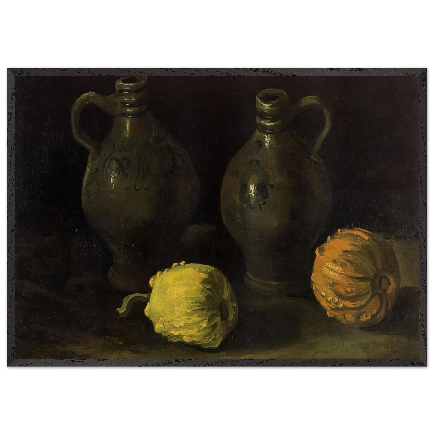 Still Life with Two Jars and Two Pumpkins - Vincent van Gogh 70x100 cm / 28x40 inches Framed Art Print – Black Wooden Frame