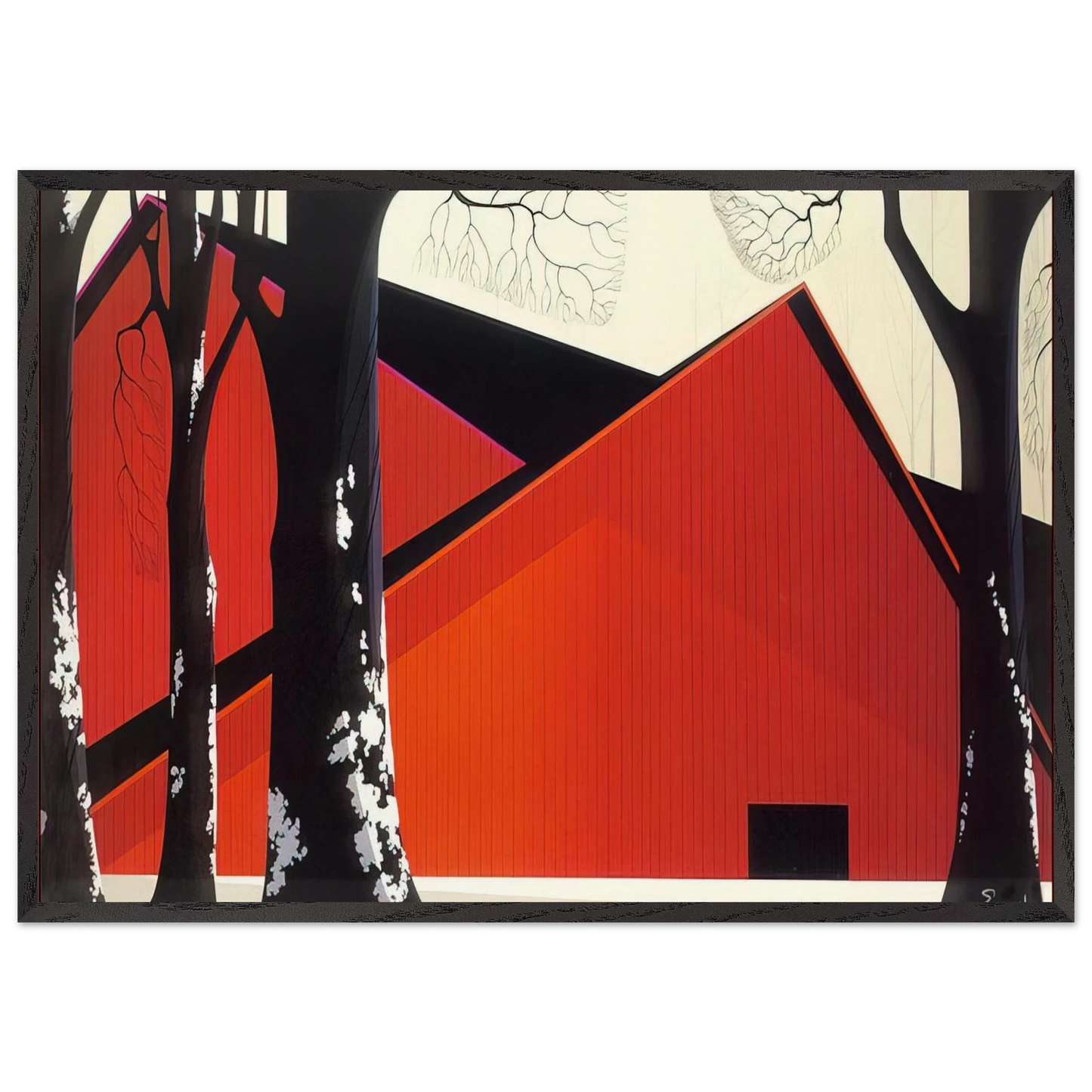 The Great Red Barn - Eyvind Earle 70x100 cm / 28x40 inches Framed Art Print – Black Wooden Frame