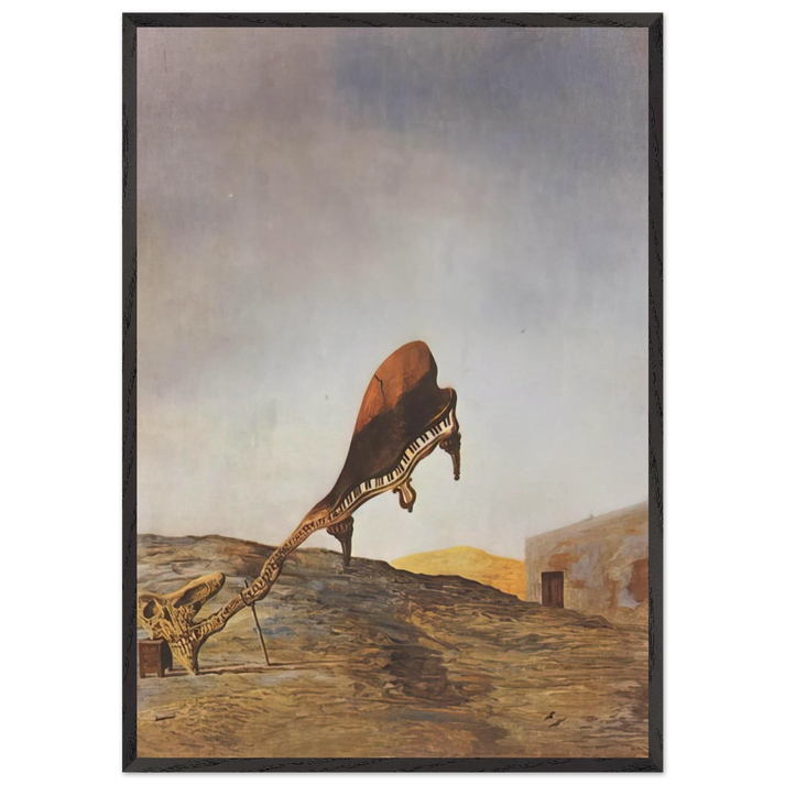 SKULL WITH ITS LYRIC APPENDAGE LEANING ON A BEDSIDE TABLE WHICH SHOULD HAVE THE EXACT 1934 - Salvador Dali 70x100 cm / 28x40 inches Framed Art Print – Black Wooden Frame
