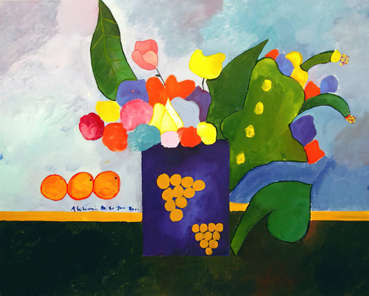 Aldemir Martins Canvas: A Vibrant Legacy of Brazilian Modernism - Vase With Flowers and Fruit - 2001 by Aldemir Martins