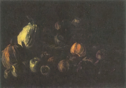 Almond Blossom Canvas Print: Vincent van Gogh's Symbol of Hope and Renewal - Still life with a basket of apples and two pumpkins by Vincent van Gogh