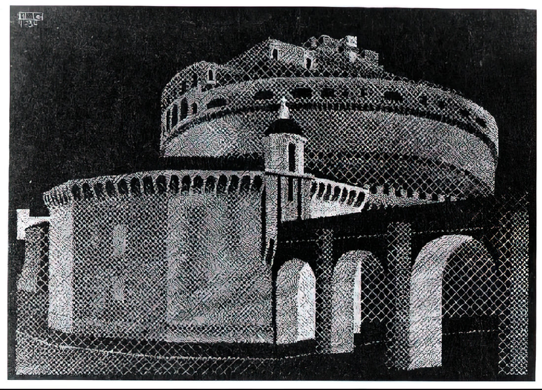 Black and White Escher: The Master of Monochrome Illusion and Mathematical Art - NOCTURNAL ROME CASTEL SANT ANGELO by MC Escher