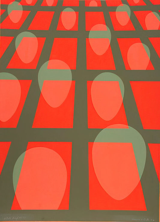 Clarence Holbrook Carter Paintings: Exploring the Surrealist Visions of an American Master - Untitled - Faces in a Grid Red - 1971 by Clarence Holbrook Carter