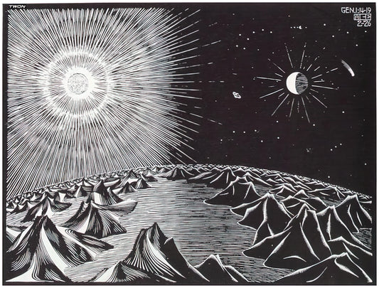 Escher Circle: The Mathematical Poetry of MC Escher's Endless Loops - THE 4TH DAY OF THE CREATION by MC Escher