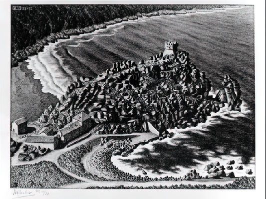 Escher Day and Night Print: A Masterpiece of Visual Paradox and Mathematical Art - GULF OF PORTO CORSICA DECEMBER 1933 1933 by MC Escher