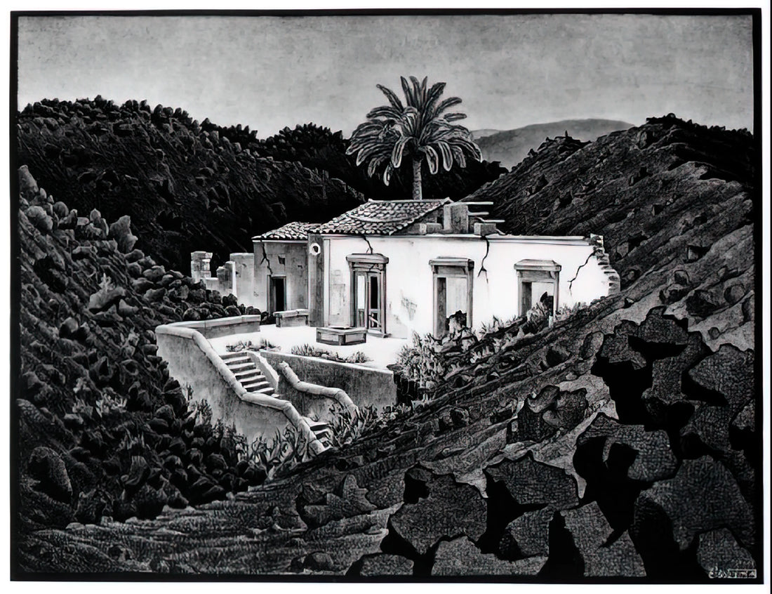 Escher-Like Art: The Enduring Legacy of Impossible Worlds and Mathematical Beauty - HOUSE IN THE LAVA NEAR NUNZIATA by MC Escher