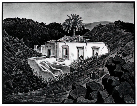 Escher-Like Art: The Enduring Legacy of Impossible Worlds and Mathematical Beauty - HOUSE IN THE LAVA NEAR NUNZIATA by MC Escher