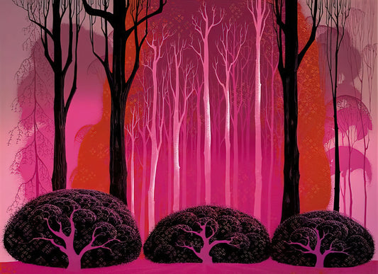 Eyvind Earle Brushed Aluminum Print: A Modern Tribute to a Mid-Century Visionary - Crimson Glory by Eyvind Earle
