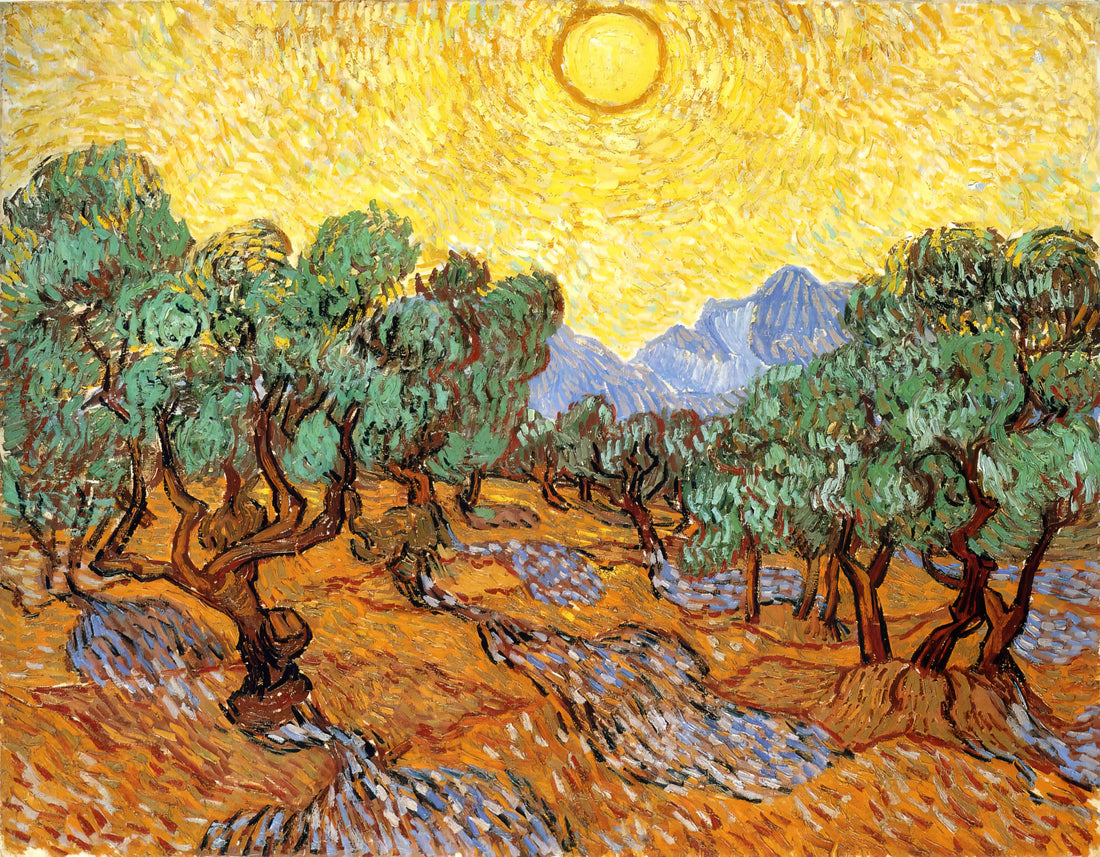 Four Withered Sunflowers: Van Gogh's Profound Meditation on Life, Death, and Artistic Vision - Olive Trees with Yellow Sky and Sun by Vincent van Gogh