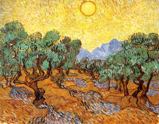 Four Withered Sunflowers: Van Gogh's Profound Meditation on Life, Death, and Artistic Vision - Olive Trees with Yellow Sky and Sun by Vincent van Gogh