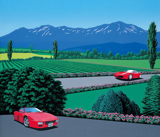 Hiroshi Nagai Brushed Aluminum Print: The Ultimate Guide to Collecting & Displaying - Ferraris traversing the lands by Hiroshi Nagai