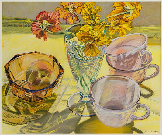 Janet Fish Watercolor Paintings: A Masterful Study of Light and Transparency - NASTURTIUMS AND PINK CUPS 1981 by Janet Fish