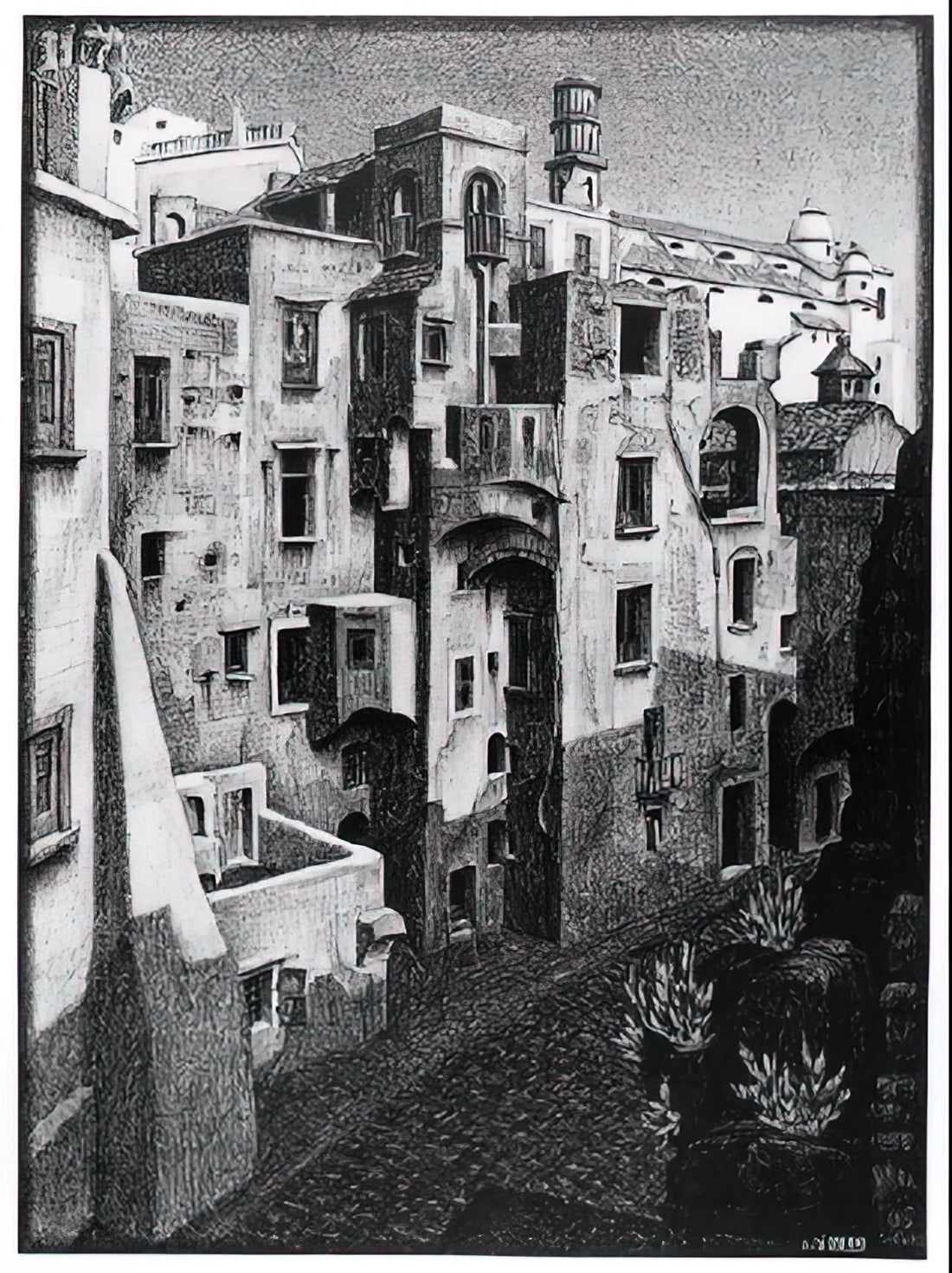 Labyrinth MC Escher: Exploring the Mind-Bending Geometry of a Master Printmaker - DILAPIDATED HOUSES IN ATRANI 1931 by MC Escher