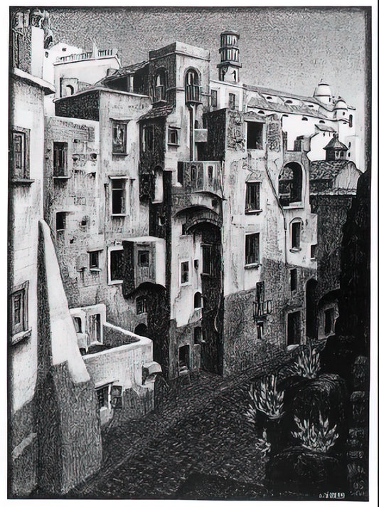 Labyrinth MC Escher: Exploring the Mind-Bending Geometry of a Master Printmaker - DILAPIDATED HOUSES IN ATRANI 1931 by MC Escher