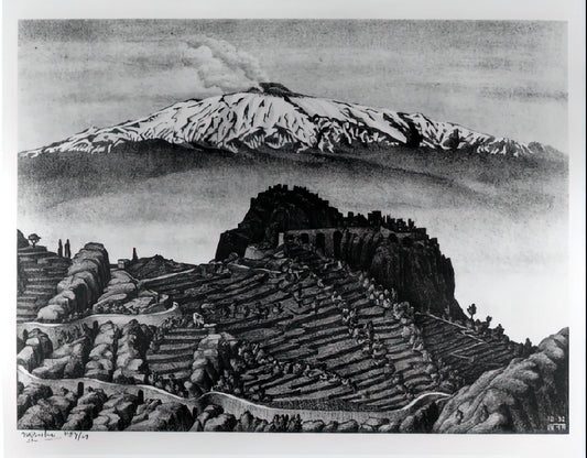 M.C. Escher and the Mauritshuis: A Curator's Guide to Artistic Intersections - CASTEL MOLA AND MOUNT ETNA SICILY DECEMBER 1932 1932 by MC Escher