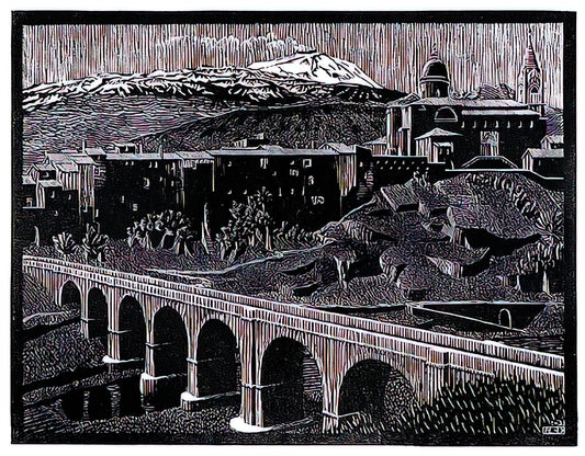 MC Escher Acrylic Print: A Collector's Guide to His Optical Illusions in Modern Display - RANDAZZO AND MOUNT ETNA SICILY JANUARY 1933 1933 by MC Escher