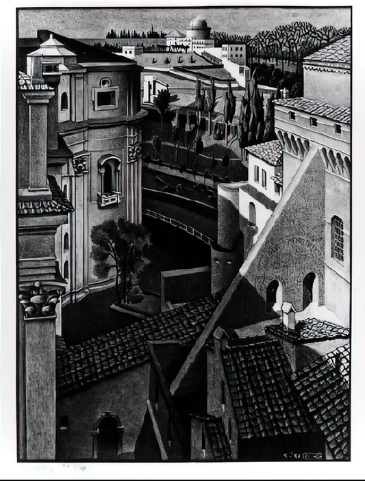 MC Escher Blacklight Poster: Illuminating the Impossible in Psychedelic Art - BERWEEN ST PETER AND SISTINE CHAPEL MARCH 1936 1936 by MC Escher