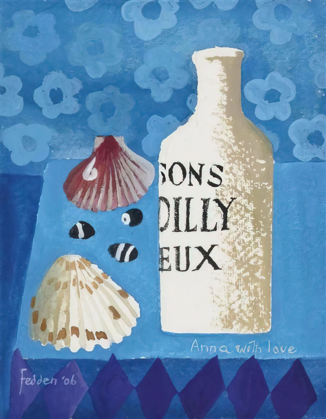 Mary Fedden Print: A Guide to the Artist's Vibrant Still Life and Landscape Art - Still life with bottle and shells - 2006 by Mary Fedden