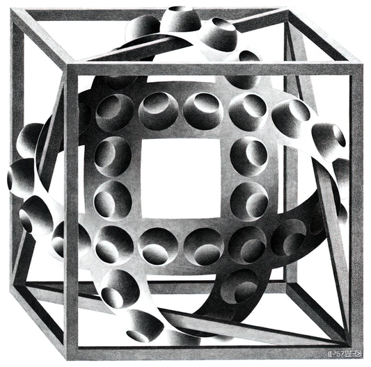 Navigating the Labyrinthine World of M.C. Escher: Your Guide to the Official MC Escher Website - CUBE WITH MAGIC RIBBONS by MC Escher