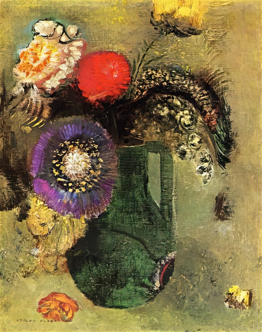 Odilon Redon Pastels: The Dreamlike Mastery of Color and Symbolism - FLOWERS IN GREEN VASE WITH HANDLES by Odilon Redon