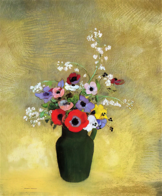 Odilon Redon Reproduction: Capturing the Dreamlike World of a Symbolist Master - FLOWERS IN A GREEN PITCHER by Odilon Redon